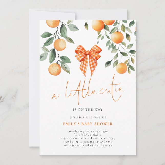 Invitation Petit Cutie Orange Coquette Bow Girl Baby shower (Devant)