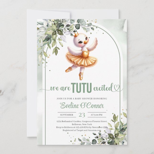 Invitation Petit cygne mignon avec robe tutu or eucalyptus (Devant)