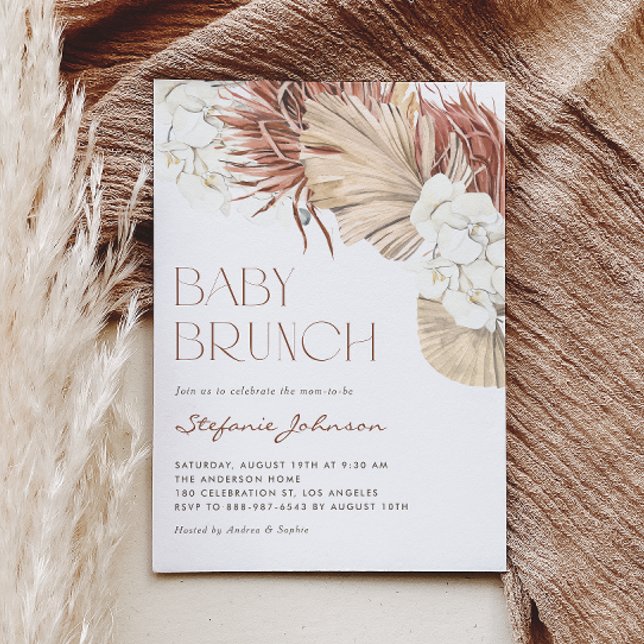 Invitation Petit-déjeuner bohème bébé Orchidée blanche et pal (This baby brunch invitation features a bohemian design with watercolor orchids, palm and pampas.)