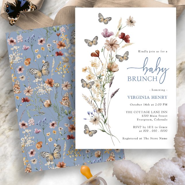 Invitation Petit déjeuner champêtre bébé aux fleurs sauvages  (Dusty Blue Boho Wildflower Baby Brunch Invitation with Butterflies by Painted Paperie
)