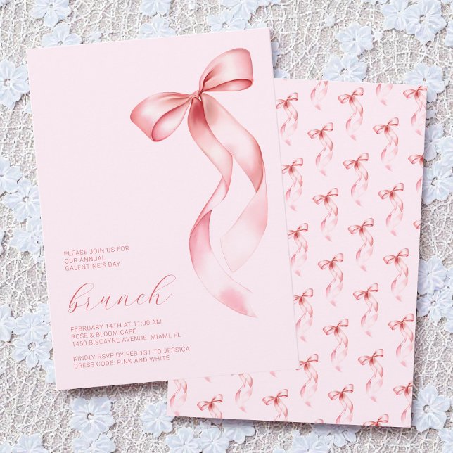 Invitation Petit-déjeuner chic de la Saint-Valentin entre fil (Watercolor Pink Bow Chic Galentine’s Day Brunch Invitation)