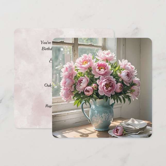 Invitation Petit-déjeuner d'anniversaire Brunch Peony Bouquet (Devant / Derrière)