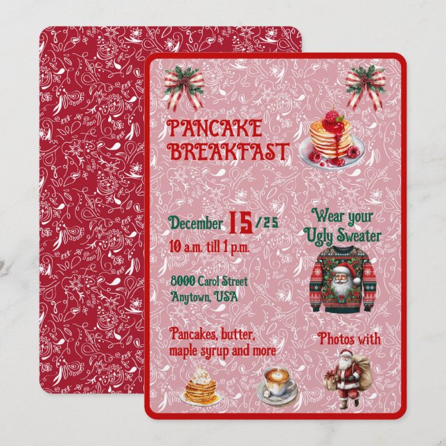 Invitation Petit déjeuner de crêpes de Noël rouge et vert (Devant / Derrière)