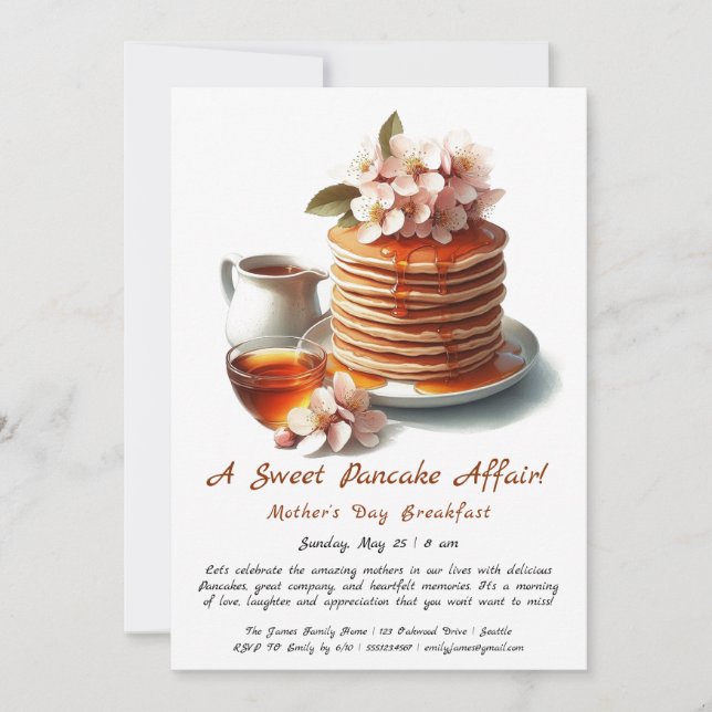 Invitation Petit déjeuner de la fête des Mères, crêpes, fleur (Devant)