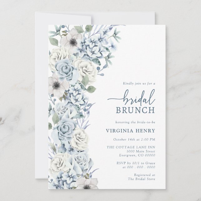 Invitation Petit déjeuner de mariage aux fleurs bleues (Devant)