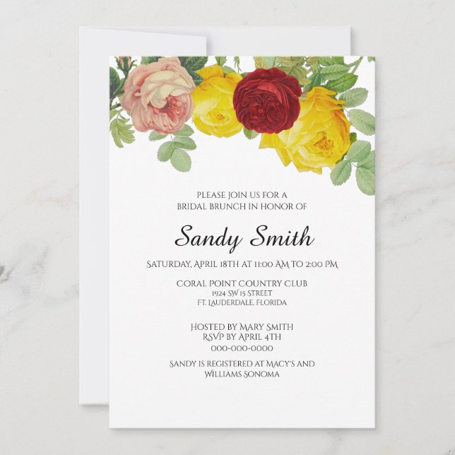 Invitation Petit déjeuner de mariage avec des jolies roses fl (Devant)