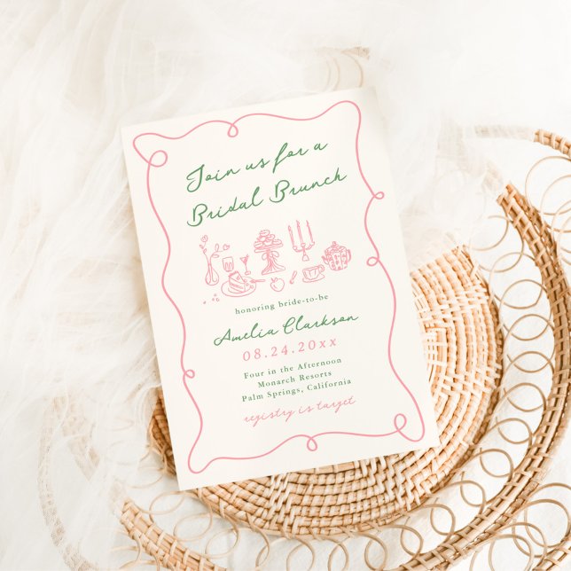 Invitation Petit déjeuner de mariage rose et vert dessinés à  (Créateur téléchargé)