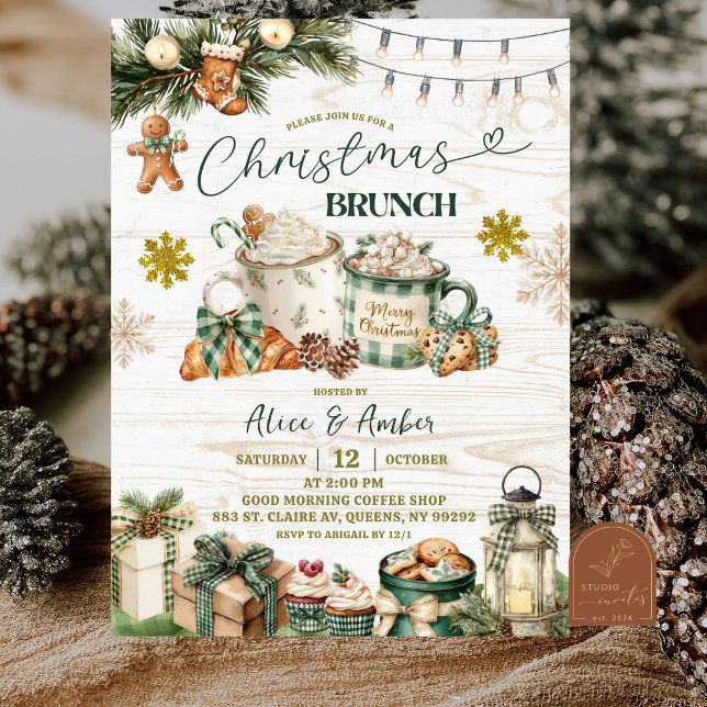 Invitation Petit déjeuner de Noël rustique à carreaux vert sa (Créateur téléchargé)