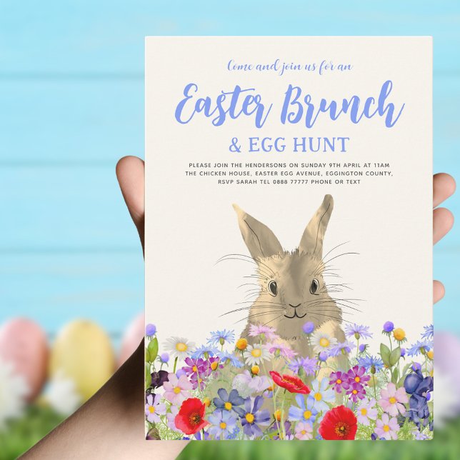 Invitation Petit déjeuner de Pâques chasse aux œufs Lapin mig (Easter brunch and egg hunt boho wildflowers bunny invitation )