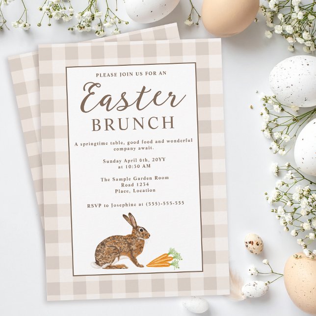 Invitation Petit déjeuner de Pâques rustique Gingham beige Li (Créateur téléchargé)