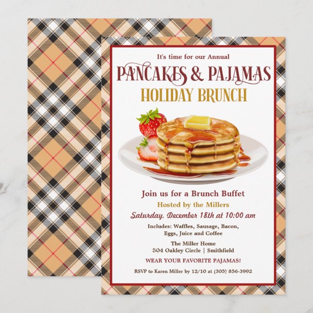 Invitation Petit déjeuner de vacances Crêpes et Pyjamas (Devant / Derrière)