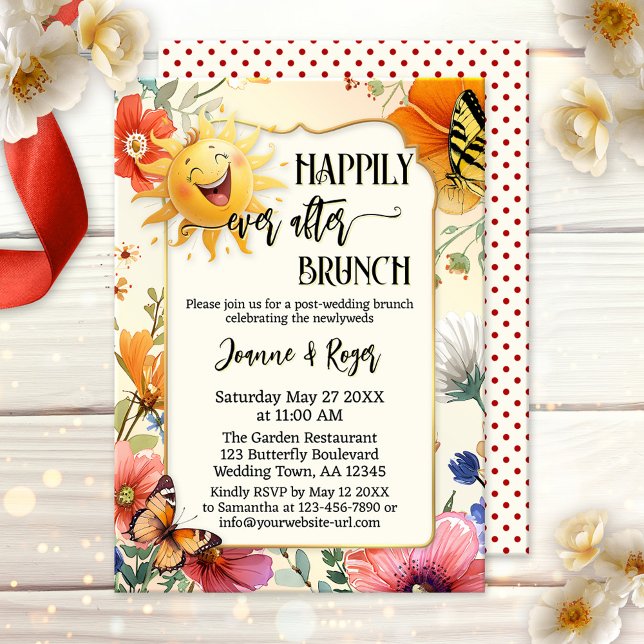 Invitation Petit Déjeuner Décontracté Floral Papillon Soleil  (After wedding brunch invitation featuring a cheerfully laughing sun with colorful wildflowers)