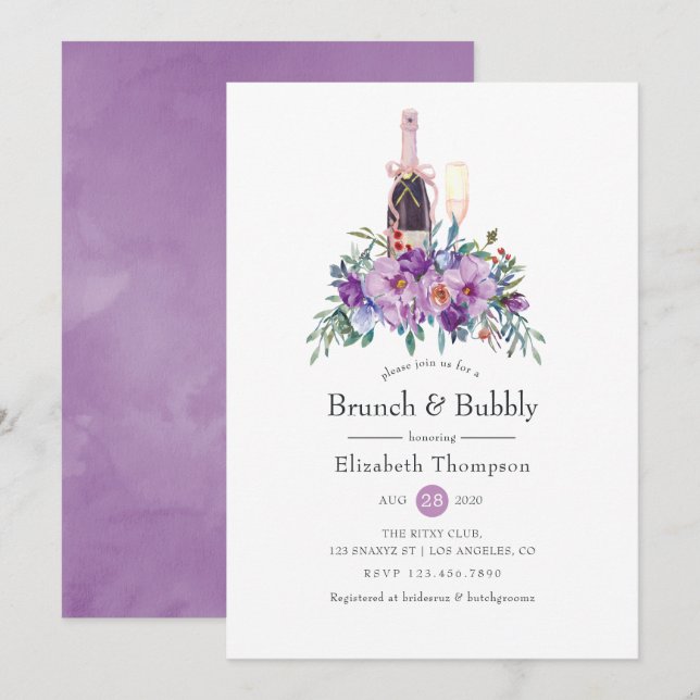 Invitation Petit déjeuner floral violet et douche de mariée p (Devant / Derrière)