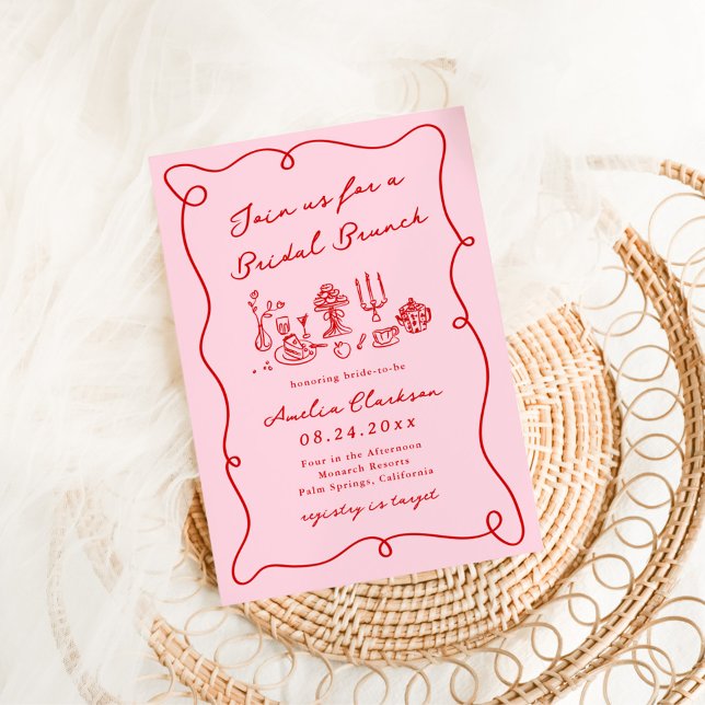 Invitation Petit Déjeuner Mariée Rose Et Rouge Dessinés à la  (Créateur téléchargé)