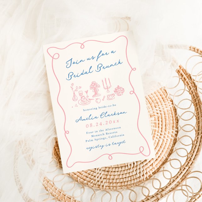 Invitation Petit déjeuner nuptial bleu et rose dessinés à la  (Créateur téléchargé)