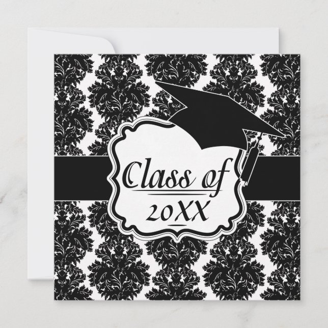 Invitation petit design noir blanc damassé fleuri (Devant)