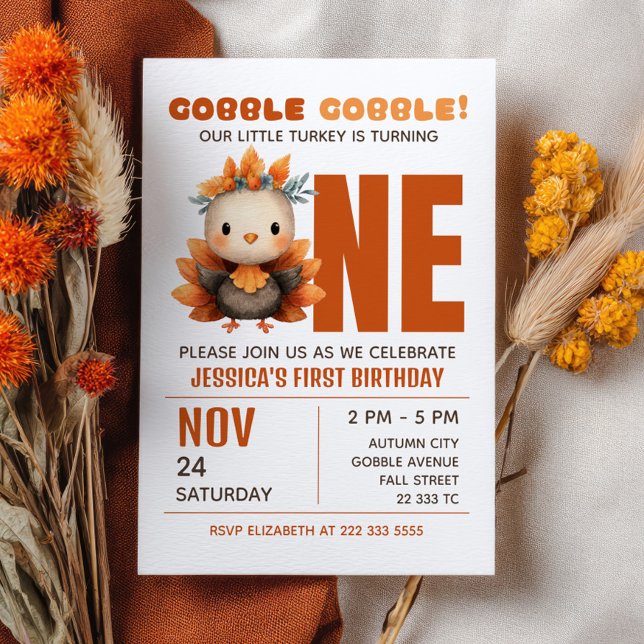 Invitation Petit dindon glousse Thanksgiving 1er anniversaire (Créateur téléchargé)