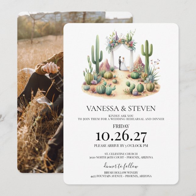 Invitation Petit dîner de répétition du couple Boho Cactus (Devant / Derrière)