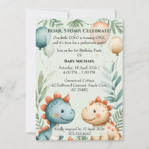 Invitation Petit Dino qui a un an Pastel Aquarelle Anniversai