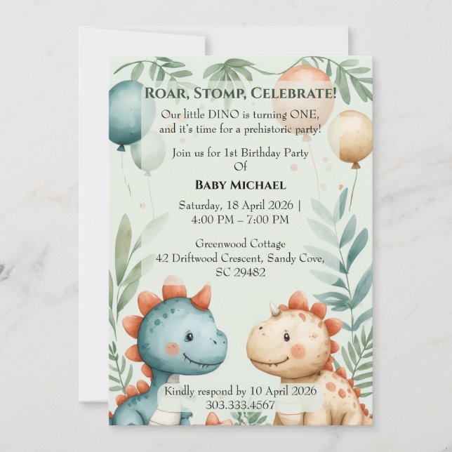 Invitation Petit Dino qui a un an Pastel Aquarelle Anniversai (Devant)