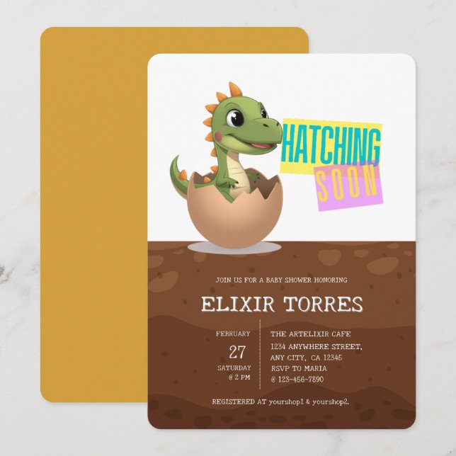 Invitation Petit dinosaure qui éclot bientôt (Devant / Derrière)