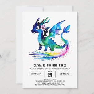 Invitation Petit Dragon Coloré Digital Girl Anniversaire