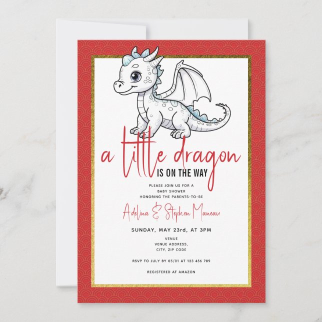 Invitation Petit Dragon Mignonne Sur Le Chemin Baby shower Ro (Devant)