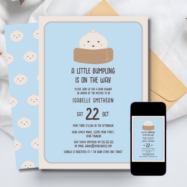 Invitation Petit Dumpling Sur Le Chemin Baby shower Bleu (Créateur téléchargé)