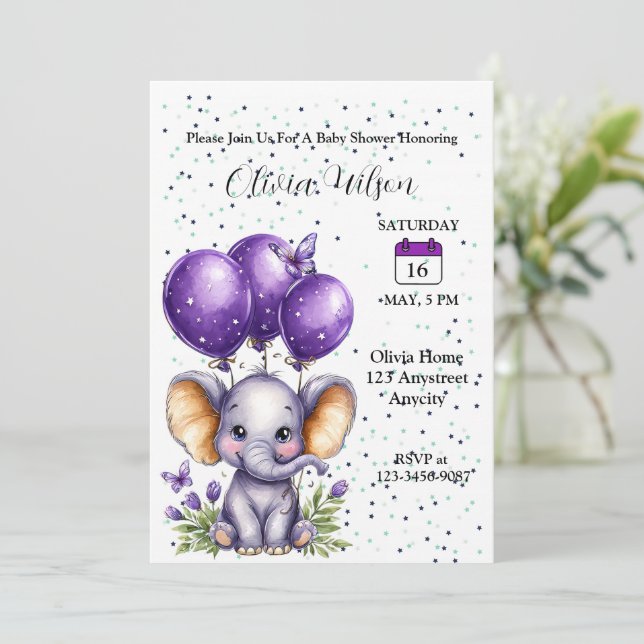 Invitation Petit Éléphant avec des Ballons Violets Rêveurs (Debout devant)
