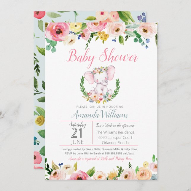 Invitation Petit Eléphant Baby shower Fleurs d'été du printem (Devant / Derrière)