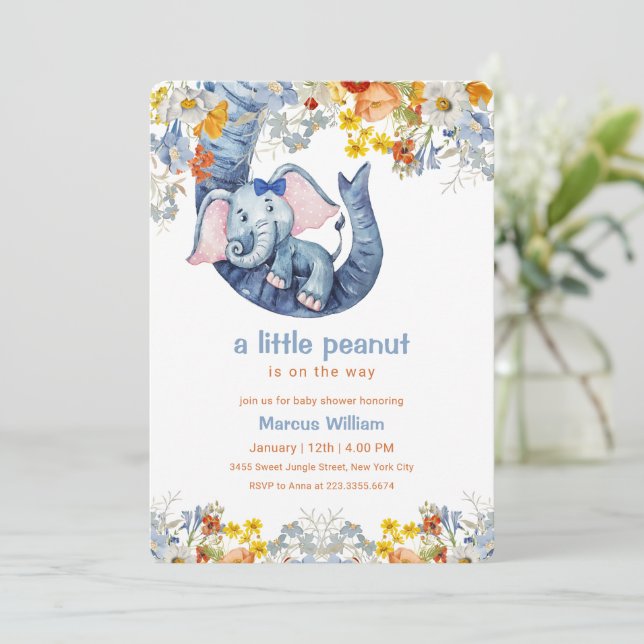 Invitation Petit éléphant bleu arachide Fleur bébé Shower (Debout devant)
