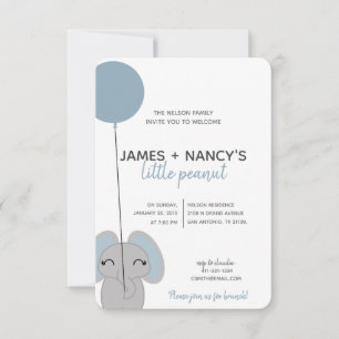 Invitation petit éléphant bleu BABY SHOWER cacahuète
