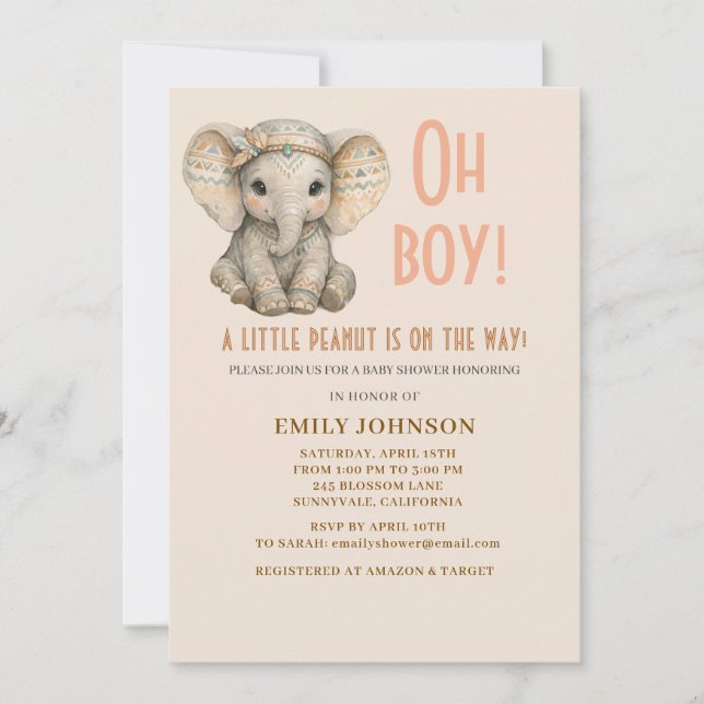Invitation Petit éléphant Boho Safari garcon Baby Shower (Devant)