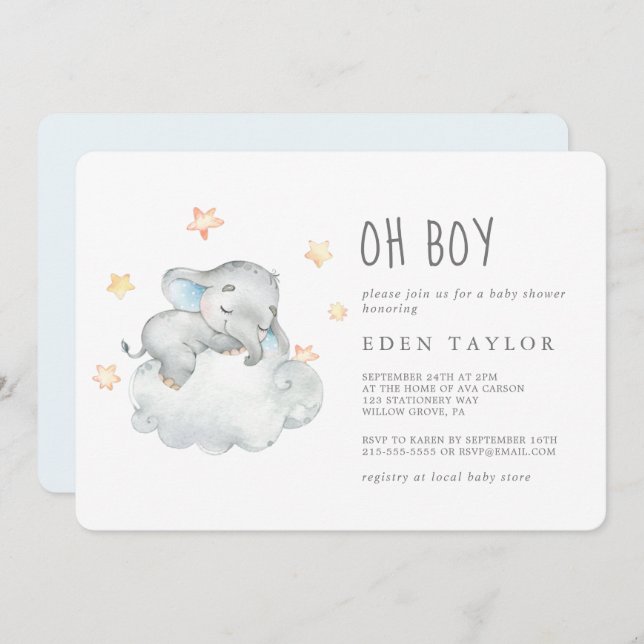 Invitation Petit Eléphant couché Oh Baby shower garçon (Devant / Derrière)