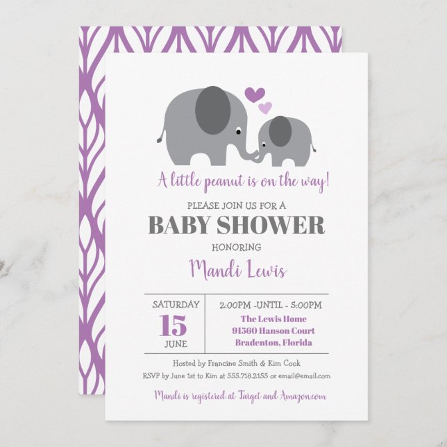 Invitation Petit Eléphant d'arachide Baby shower de fille pou (Devant / Derrière)