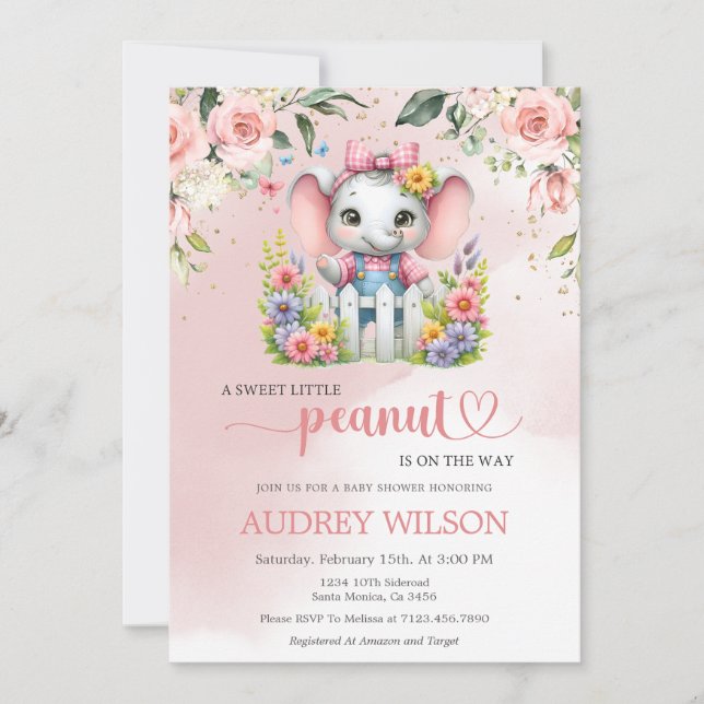 Invitation Petit Éléphant D'Arachide Rose Floral (Devant)