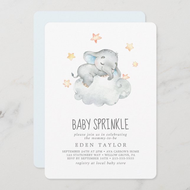 Invitation Petit Eléphant Garçon Dormir Bébé Parsemer (Devant / Derrière)