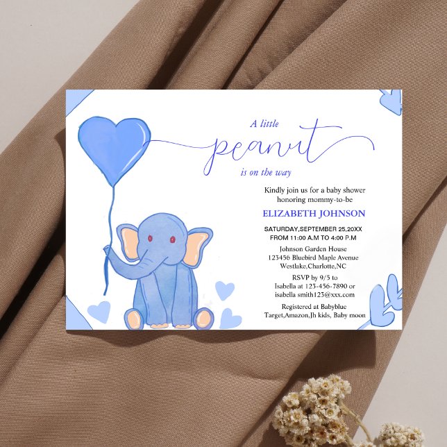 Invitation petit éléphant mignon à coeur bleu baby shower (Créateur téléchargé)
