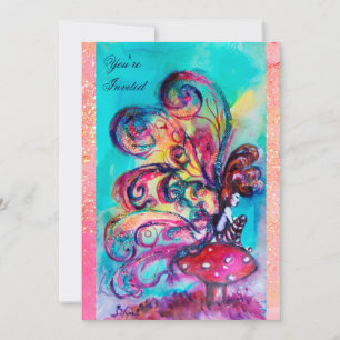 Invitation PETIT ELF DE CHAMPIGNONS , rose jaune bleu scintil