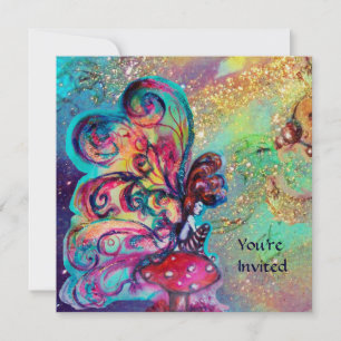 Invitation PETIT ELFÉ DE CHAMPIGNONS , Or jaune bleu scintill