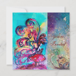 Invitation PETIT ELFÉ DE CHAMPIGNONS, rose jaune bleu scintil