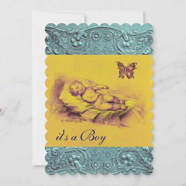 INVITATION PETIT ENFANT, BABY SHOWER BLEU JAUNE BEAUCOUP (Devant)