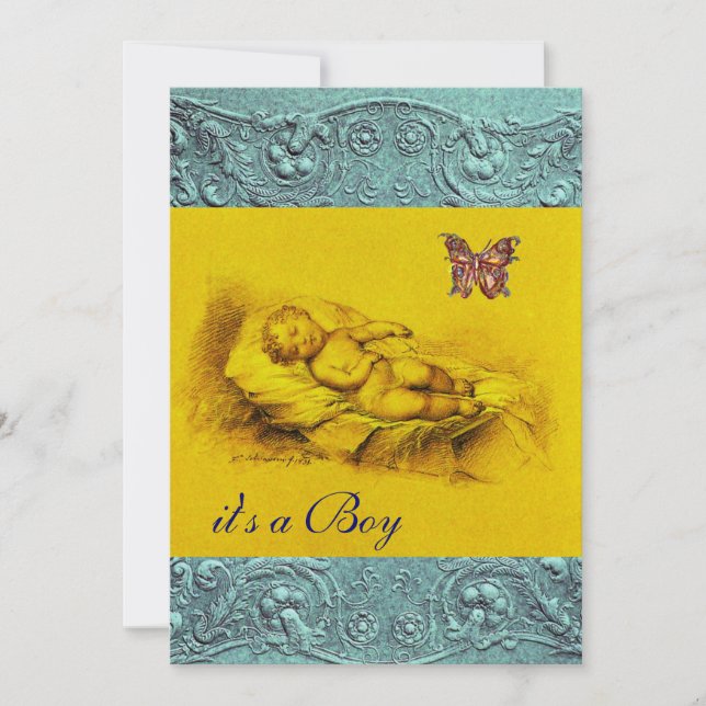 INVITATION PETIT ENFANT, BABY SHOWER BLEU JAUNE BEAUCOUP (Devant)