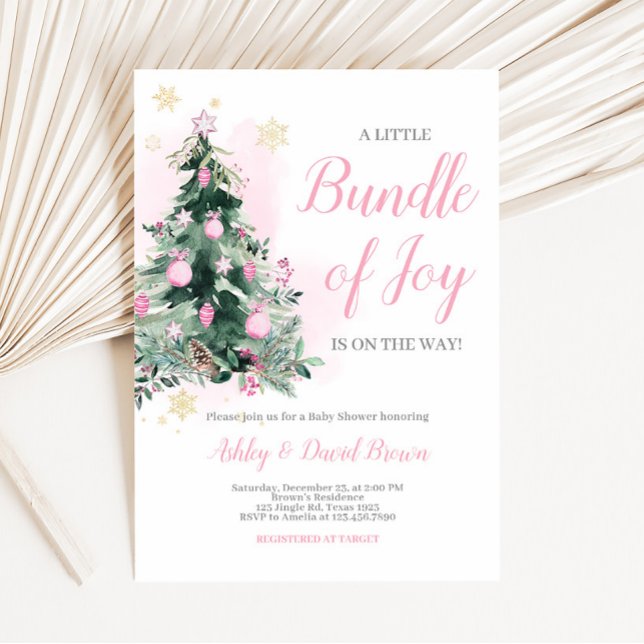 Invitation Petit ensemble de Baby shower de Noël de la joie (Pink Christmas Tree Baby Shower Invitation)
