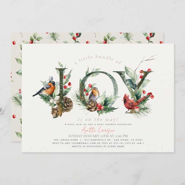 Invitation Petit ensemble de Joy Birds Baby shower beige (Devant / Derrière)