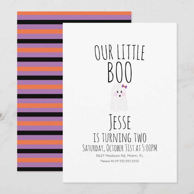 Invitation Petit fantôme Boo Halloween pour un premier annive (Devant / Derrière)