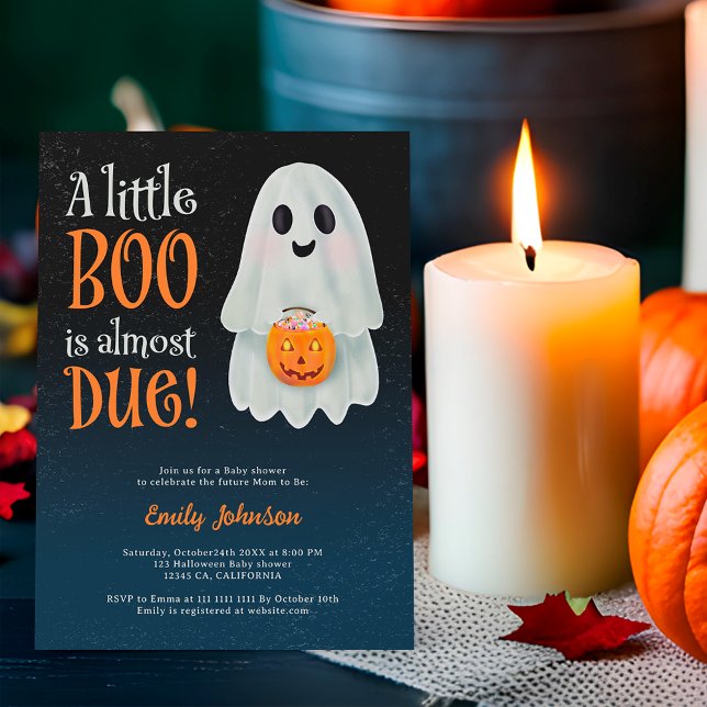 Invitation Petit fantôme citrouille Halloween baby shower (Little boo ghost pumpkin Halloween baby shower Invitation on blue)