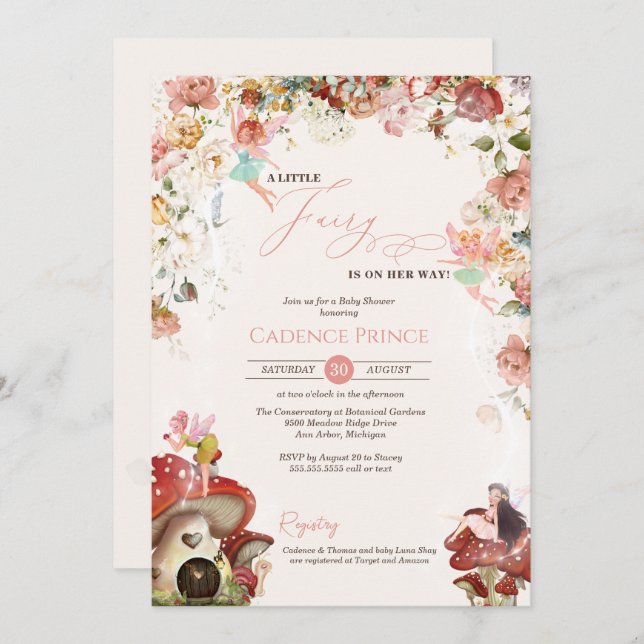 Invitation Petit Fée Floral Garden Bébé Fille Douche (Devant / Derrière)