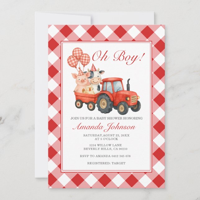 Invitation Petit fermier gingham tracteur bébé douche animaux (Devant)