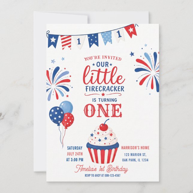 Invitation Petit feu d'artifice 4 juillet 1er anniversaire (Devant)